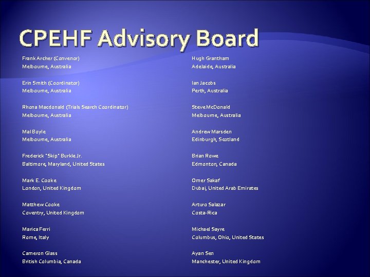 CPEHF Advisory Board Frank Archer (Convenor) Melbourne, Australia Hugh Grantham Adelaide, Australia Erin Smith