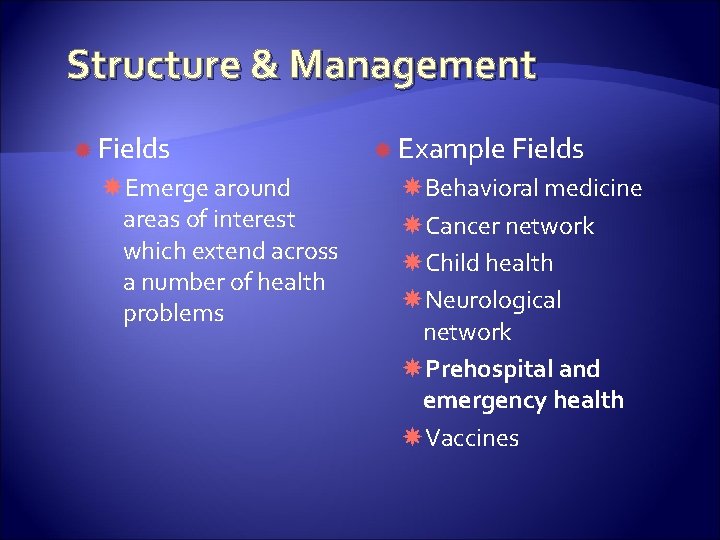 Structure & Management Fields Emerge around areas of interest which extend across a number