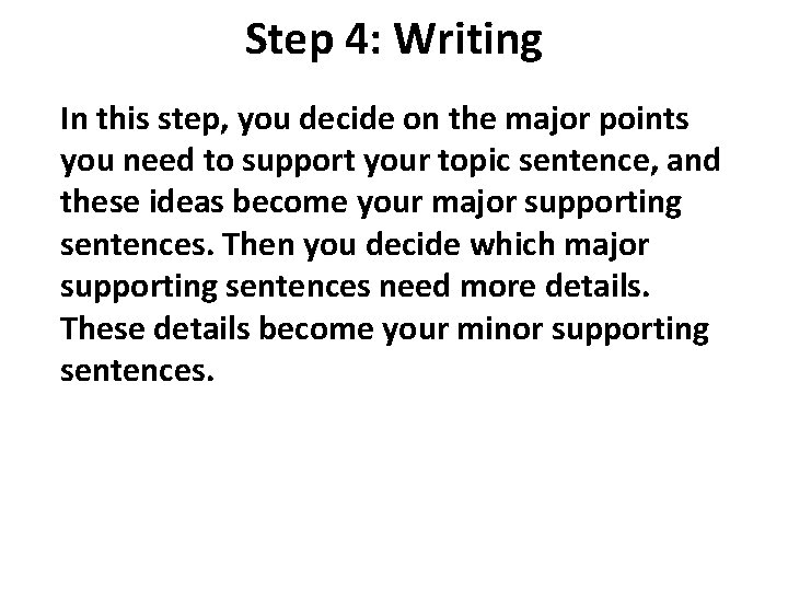 Step 4: Writing In this step, you decide on the major points you need