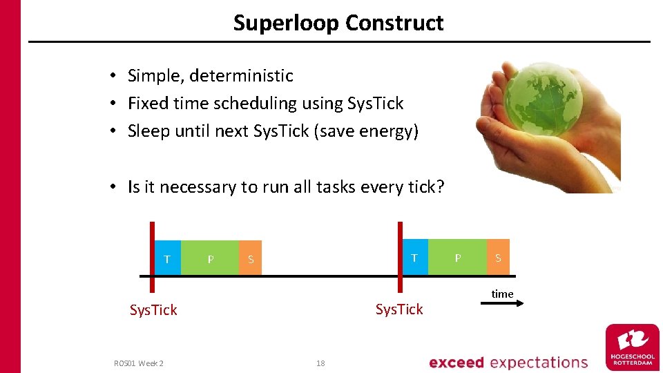 Superloop Construct • Simple, deterministic • Fixed time scheduling using Sys. Tick • Sleep