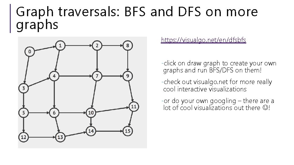 Graph traversals: BFS and DFS on more graphs https: //visualgo. net/en/dfsbfs -click on draw