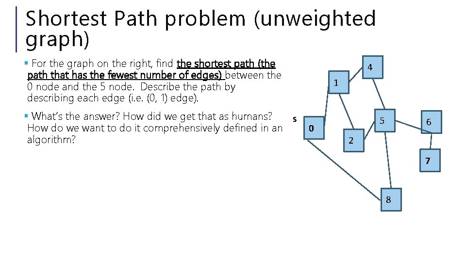 Shortest Path problem (unweighted graph) § For the graph on the right, find the