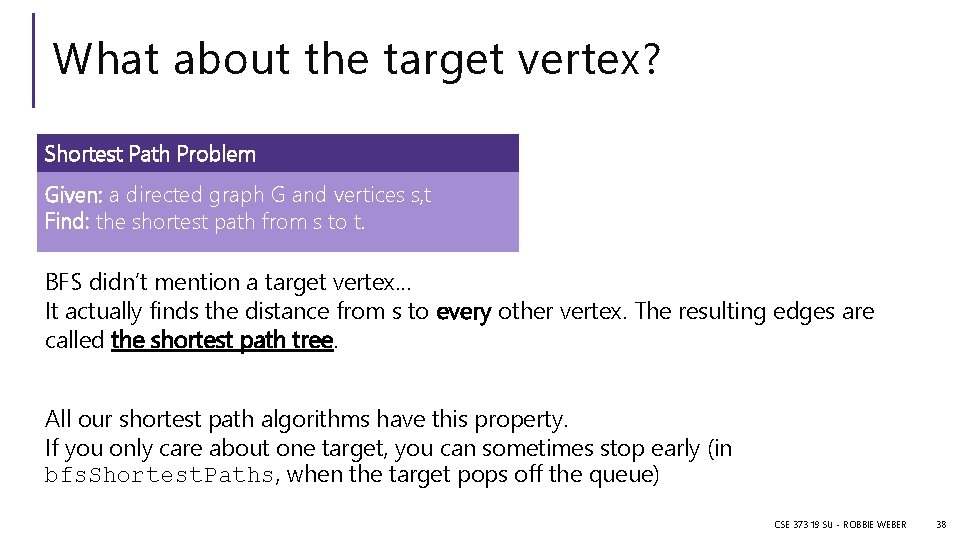 What about the target vertex? Shortest Path Problem Given: a directed graph G and