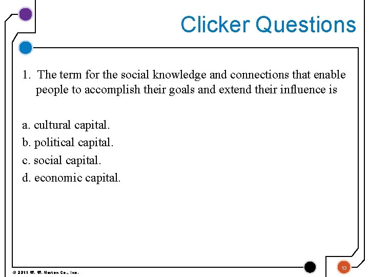 Clicker Questions 1. The term for the social knowledge and connections that enable people