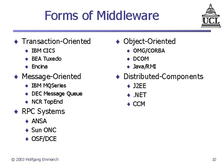 Forms of Middleware ¨ Transaction-Oriented ¨ IBM CICS ¨ BEA Tuxedo ¨ Encina ¨