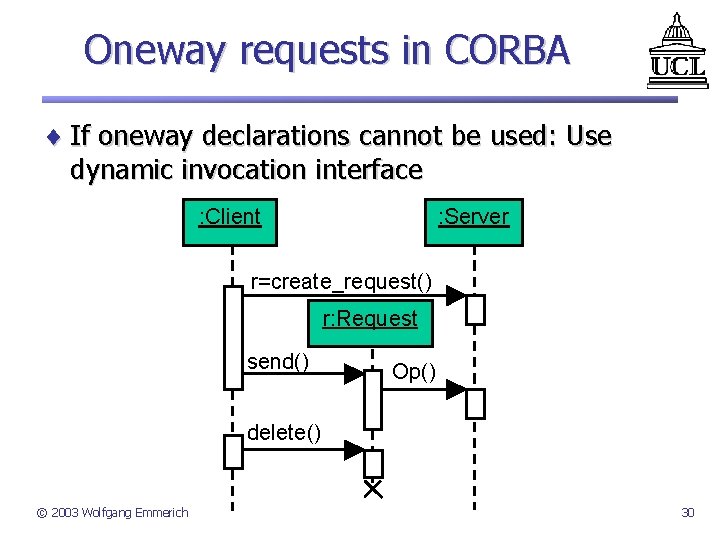 Oneway requests in CORBA ¨ If oneway declarations cannot be used: Use dynamic invocation