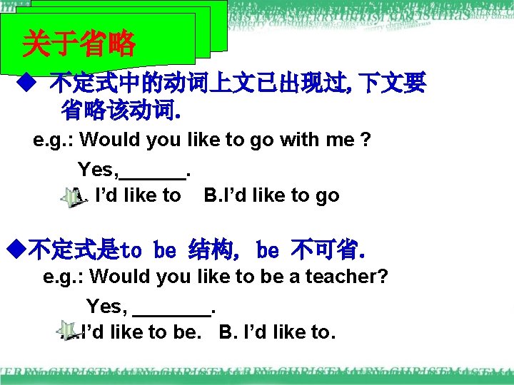 关于省略 ◆ 不定式中的动词上文已出现过, 下文要 省略该动词. e. g. : Would you like to go with