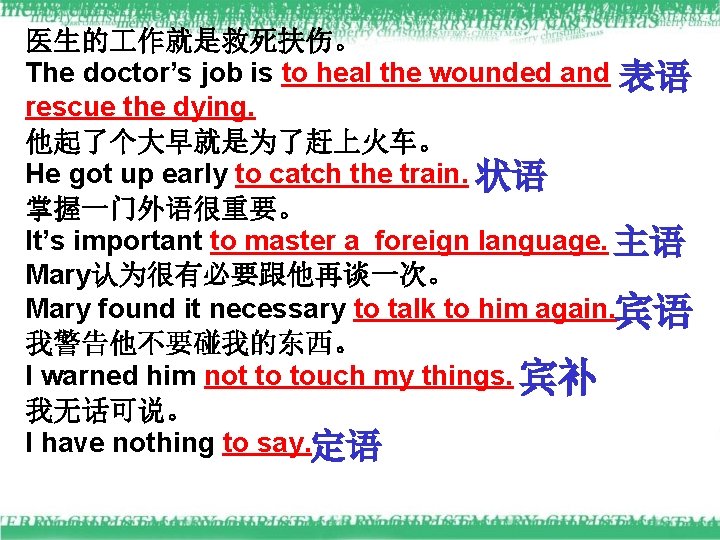 医生的 作就是救死扶伤。 The doctor’s job is to heal the wounded and 表语 rescue the