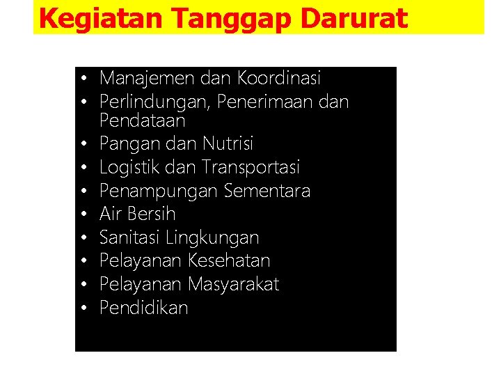 Kegiatan Tanggap Darurat • Manajemen dan Koordinasi • Perlindungan, Penerimaan dan Pendataan • Pangan Kegiatan Tanggap Darurat • Manajemen dan Koordinasi • Perlindungan, Penerimaan dan Pendataan • Pangan
