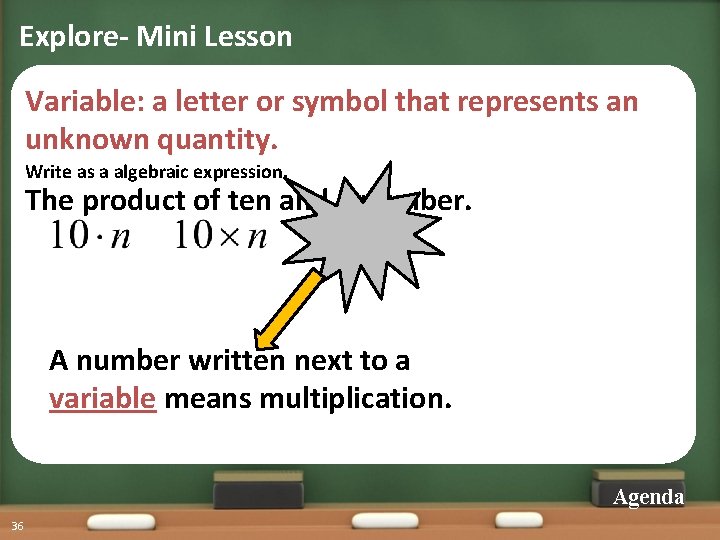Explore- Mini Lesson Variable: a letter or symbol that represents an unknown quantity. Write