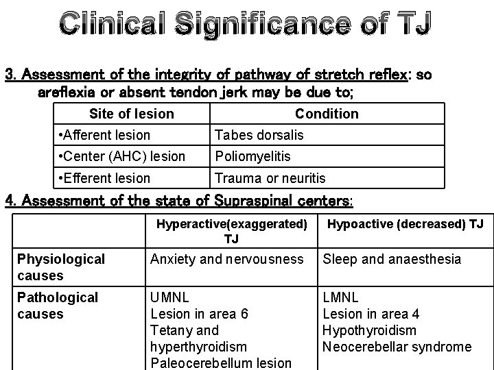 Clinical Significance of TJ 3. Assessment of the integrity of pathway of stretch reflex: