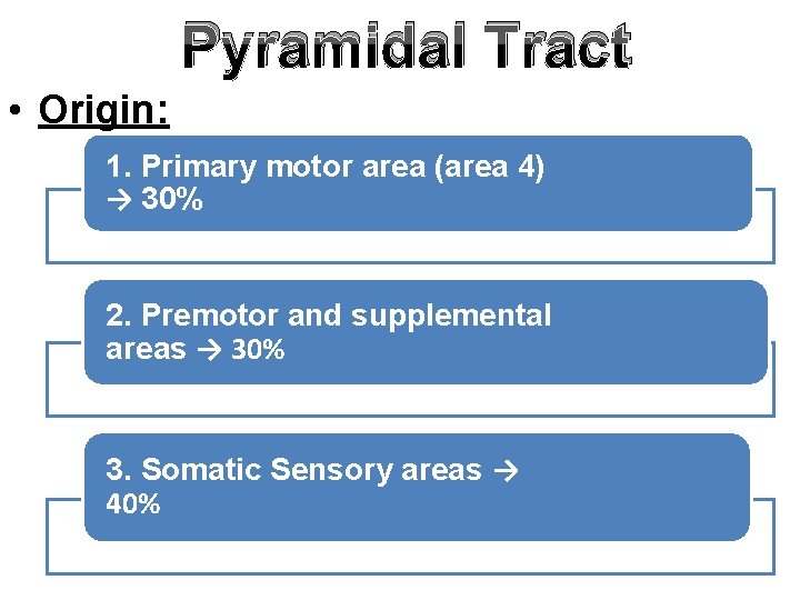 Pyramidal Tract • Origin: 1. Primary motor area (area 4) → 30% 2. Premotor