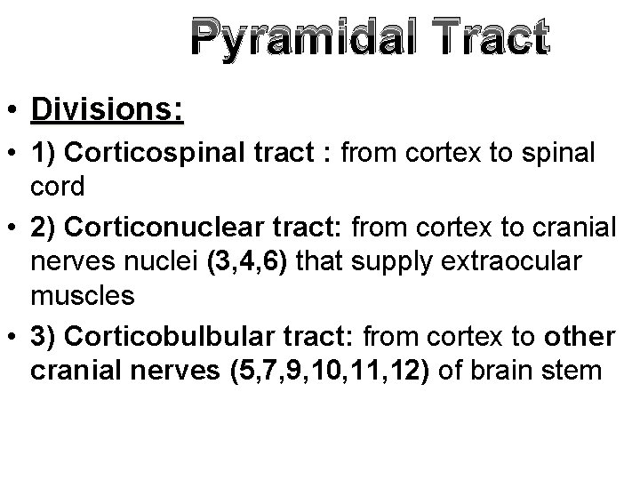 Pyramidal Tract • Divisions: • 1) Corticospinal tract : from cortex to spinal cord