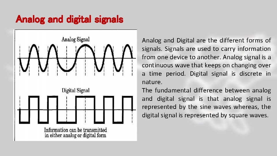 Analog and digital signals Analog and Digital are the different forms of signals. Signals