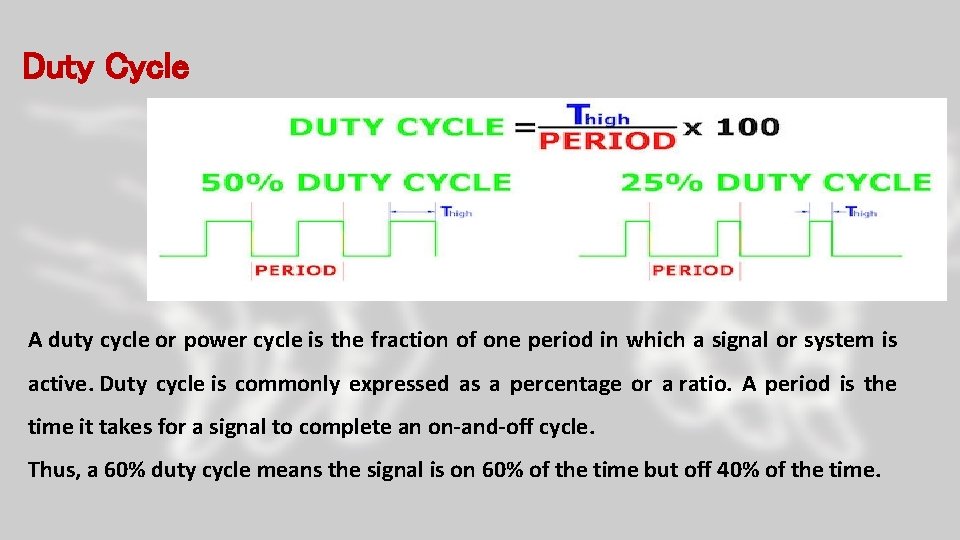 Duty Cycle A duty cycle or power cycle is the fraction of one period
