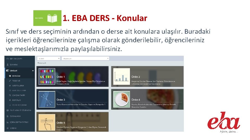 1. EBA DERS - Konular Sınıf ve ders seçiminin ardından o derse ait konulara