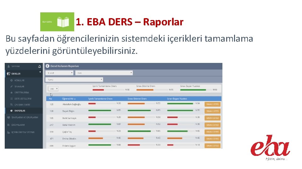 1. EBA DERS – Raporlar Bu sayfadan öğrencilerinizin sistemdeki içerikleri tamamlama yüzdelerini görüntüleyebilirsiniz. 