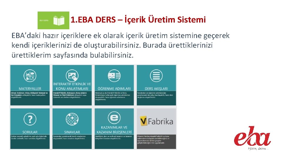 1. EBA DERS – İçerik Üretim Sistemi EBA’daki hazır içeriklere ek olarak içerik üretim