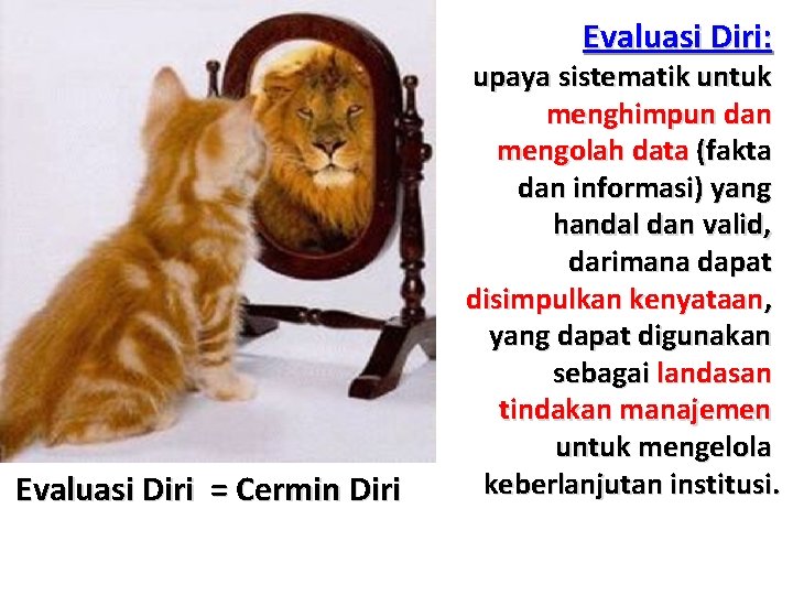 Evaluasi Diri: Evaluasi Diri = Cermin Diri upaya sistematik untuk menghimpun dan mengolah data