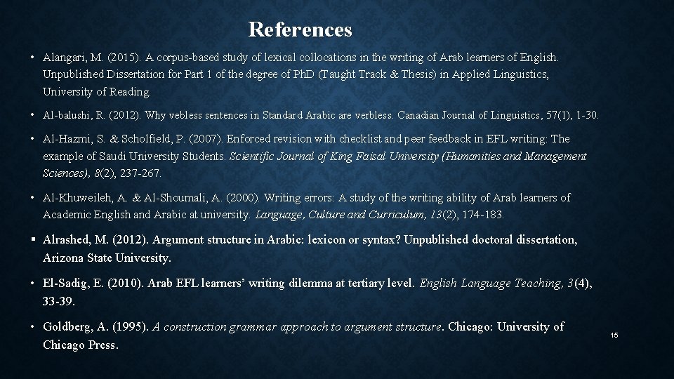 References • Alangari, M. (2015). A corpus-based study of lexical collocations in the writing