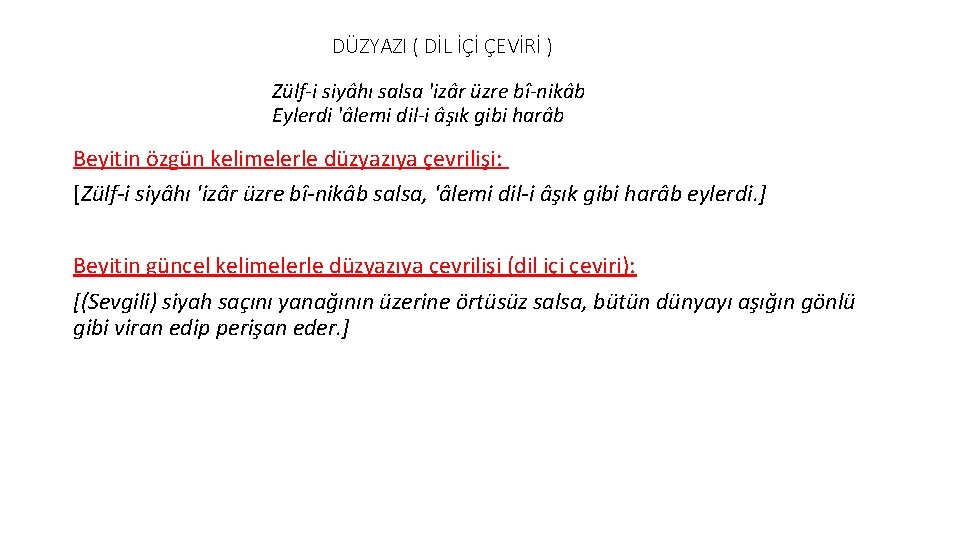 DÜZYAZI ( DİL İÇİ ÇEVİRİ ) Zülf-i siyâhı salsa 'izâr üzre bî-nikâb Eylerdi 'âlemi