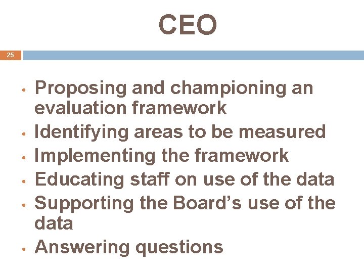 CEO 25 • • • Proposing and championing an evaluation framework Identifying areas to