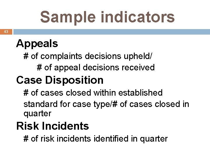 Sample indicators 43 Appeals # of complaints decisions upheld/ # of appeal decisions received