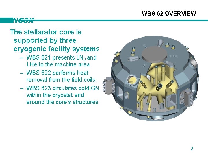 NCSX WBS 62 OVERVIEW The stellarator core is supported by three cryogenic facility systems: