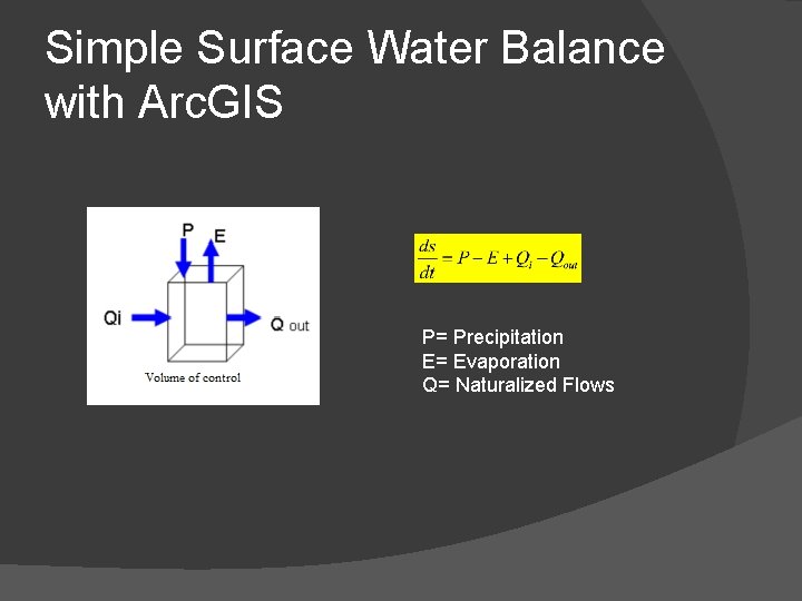 Simple Surface Water Balance with Arc. GIS P= Precipitation E= Evaporation Q= Naturalized Flows