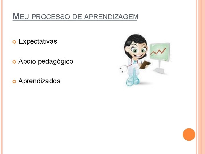 MEU PROCESSO DE APRENDIZAGEM Expectativas Apoio pedagógico Aprendizados 