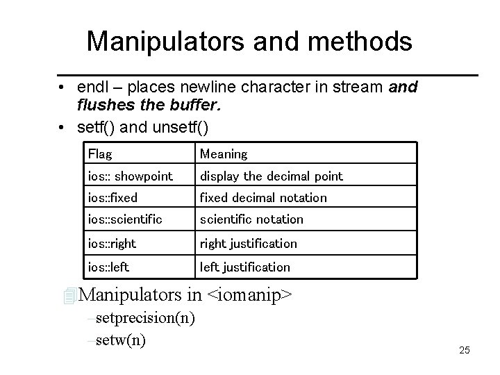 Manipulators and methods • endl – places newline character in stream and flushes the