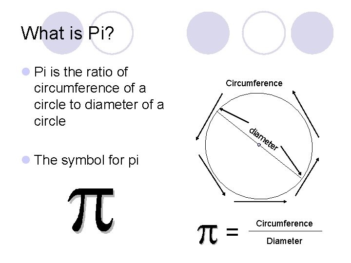 What is Pi? l Pi is the ratio of circumference of a circle to