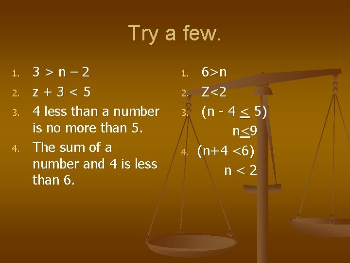 Try a few. 1. 2. 3. 4. 3>n– 2 z+3<5 4 less than a