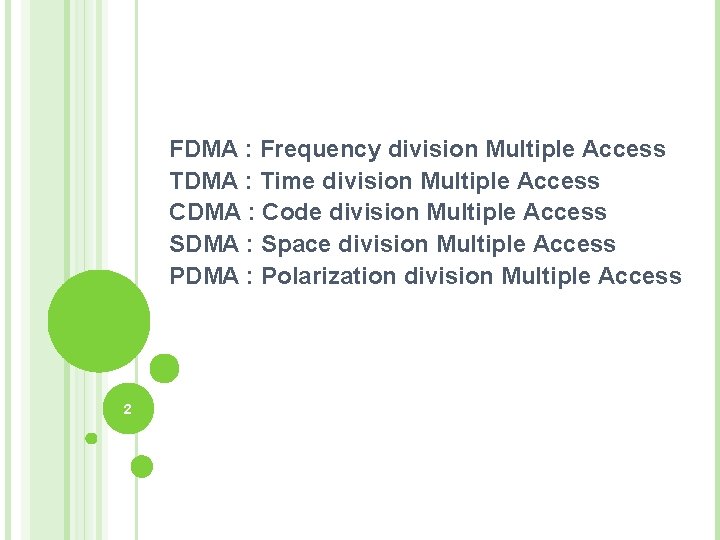 FDMA : Frequency division Multiple Access TDMA : Time division Multiple Access CDMA :