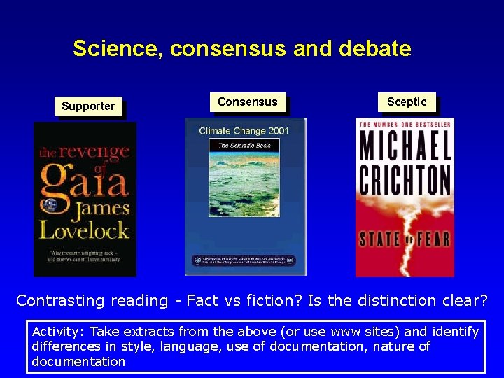 Science, consensus and debate Supporter Consensus Sceptic Contrasting reading - Fact vs fiction? Is
