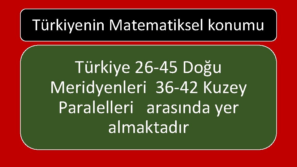 Türkiyenin Matematiksel konumu Türkiye 26 -45 Doğu Meridyenleri 36 -42 Kuzey Paralelleri arasında yer