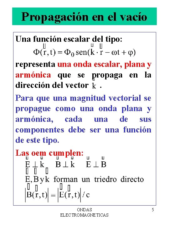 Propagación en el vacío Una función escalar del tipo: representa una onda escalar, plana