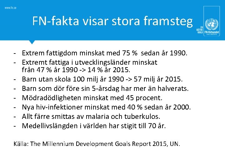 FN-fakta visar stora framsteg - Extrem fattigdom minskat med 75 % sedan år 1990.