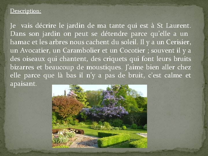 Description: Je vais décrire le jardin de ma tante qui est à St Laurent. Description: Je vais décrire le jardin de ma tante qui est à St Laurent.