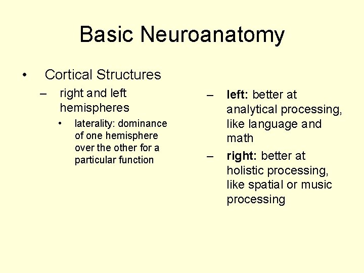 Basic Neuroanatomy • Cortical Structures – right and left hemispheres • laterality: dominance of