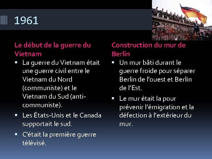 1961 Le début de la guerre du Vietnam La guerre du Vietnam était une