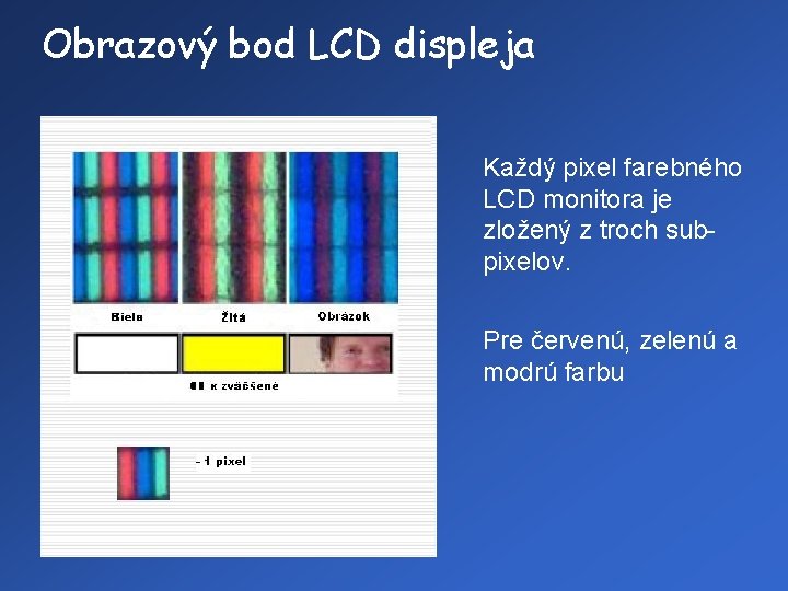 Obrazový bod LCD displeja Každý pixel farebného LCD monitora je zložený z troch subpixelov.