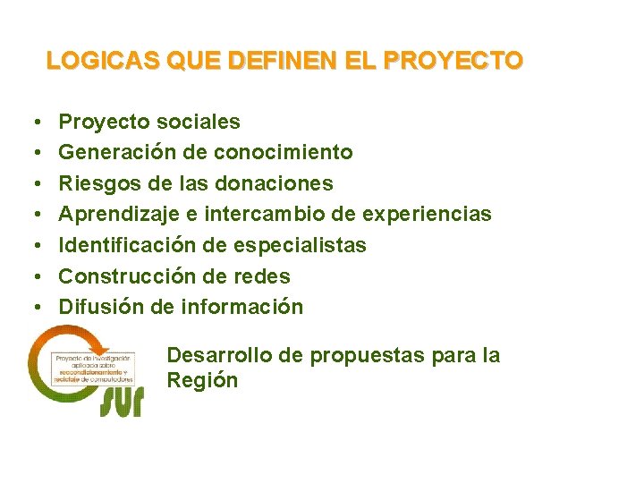 LOGICAS QUE DEFINEN EL PROYECTO • • Proyecto sociales Generación de conocimiento Riesgos de