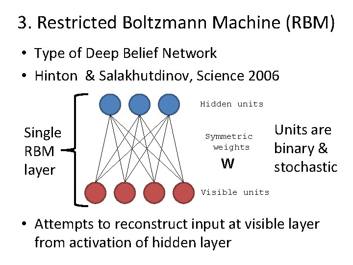 3. Restricted Boltzmann Machine (RBM) • Type of Deep Belief Network • Hinton &