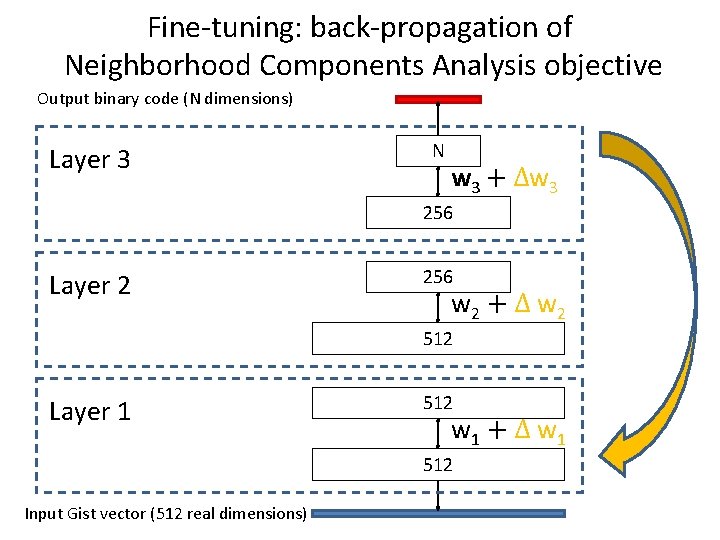 Fine-tuning: back-propagation of Neighborhood Components Analysis objective Output binary code (N dimensions) Layer 3