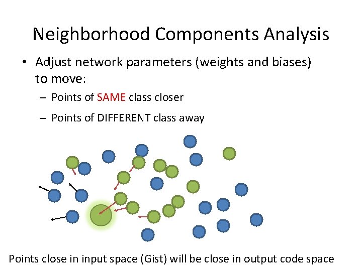 Neighborhood Components Analysis • Adjust network parameters (weights and biases) to move: – Points