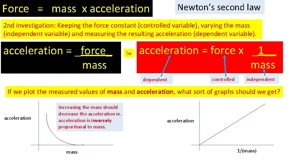 Force = mass x acceleration Newton’s second law 2 nd investigation: Keeping the force