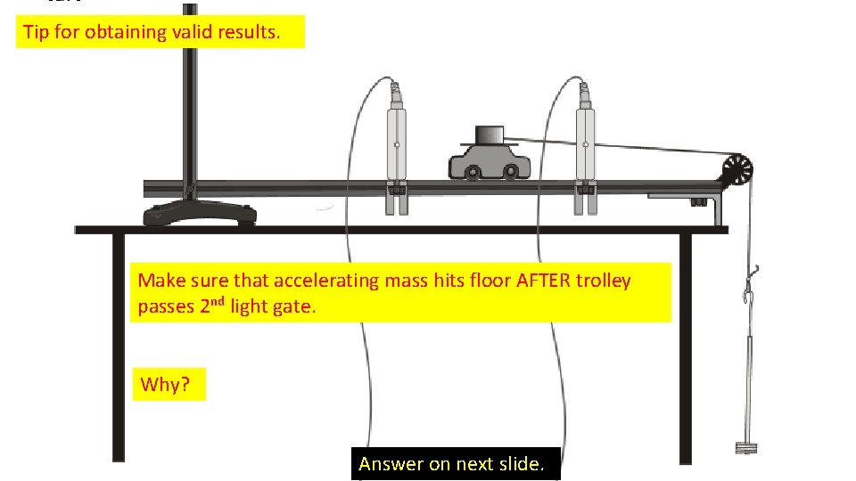 Tip for obtaining valid results. Make sure that accelerating mass hits floor AFTER trolley