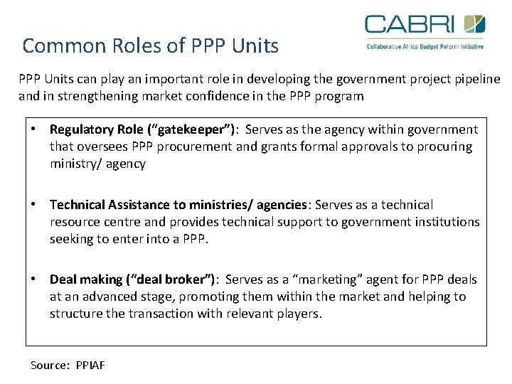 Common Roles of PPP Units can play an important role in developing the government