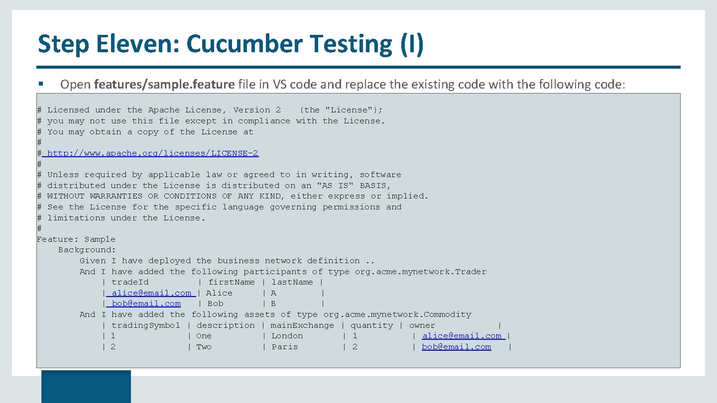 Step Eleven: Cucumber Testing (I) Open features/sample. feature file in VS code and replace